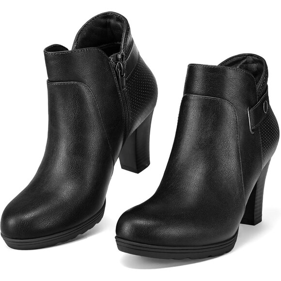 ⚡Women's Black PU Zipper Booties Chunky Stacked Heel Ankle Boots Strap Ankle - Picture 3 of 4